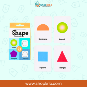 Preschool shape flashcards featuring semicircle, round, square and triangle examples