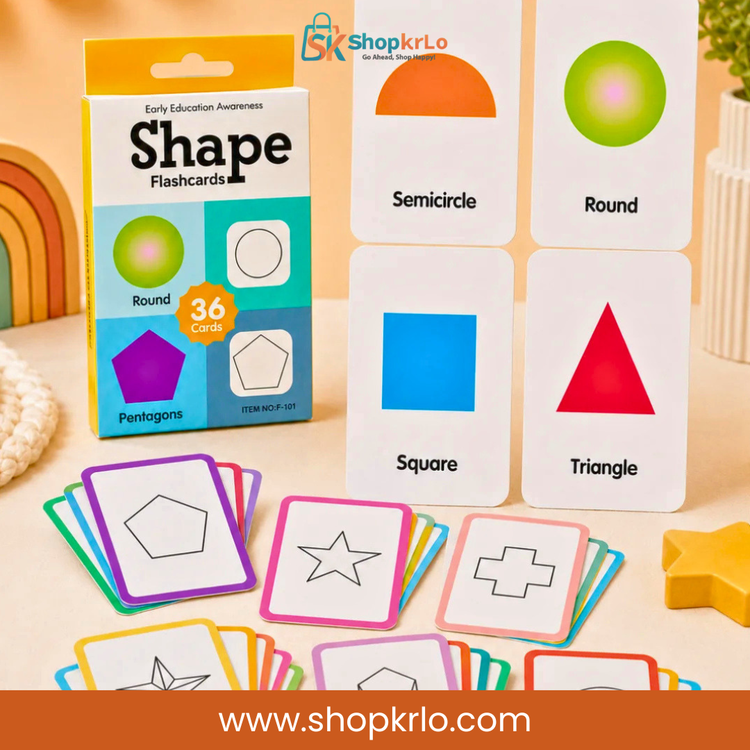 Thirty-six shape learning cards displayed with bright geometric illustrations for children