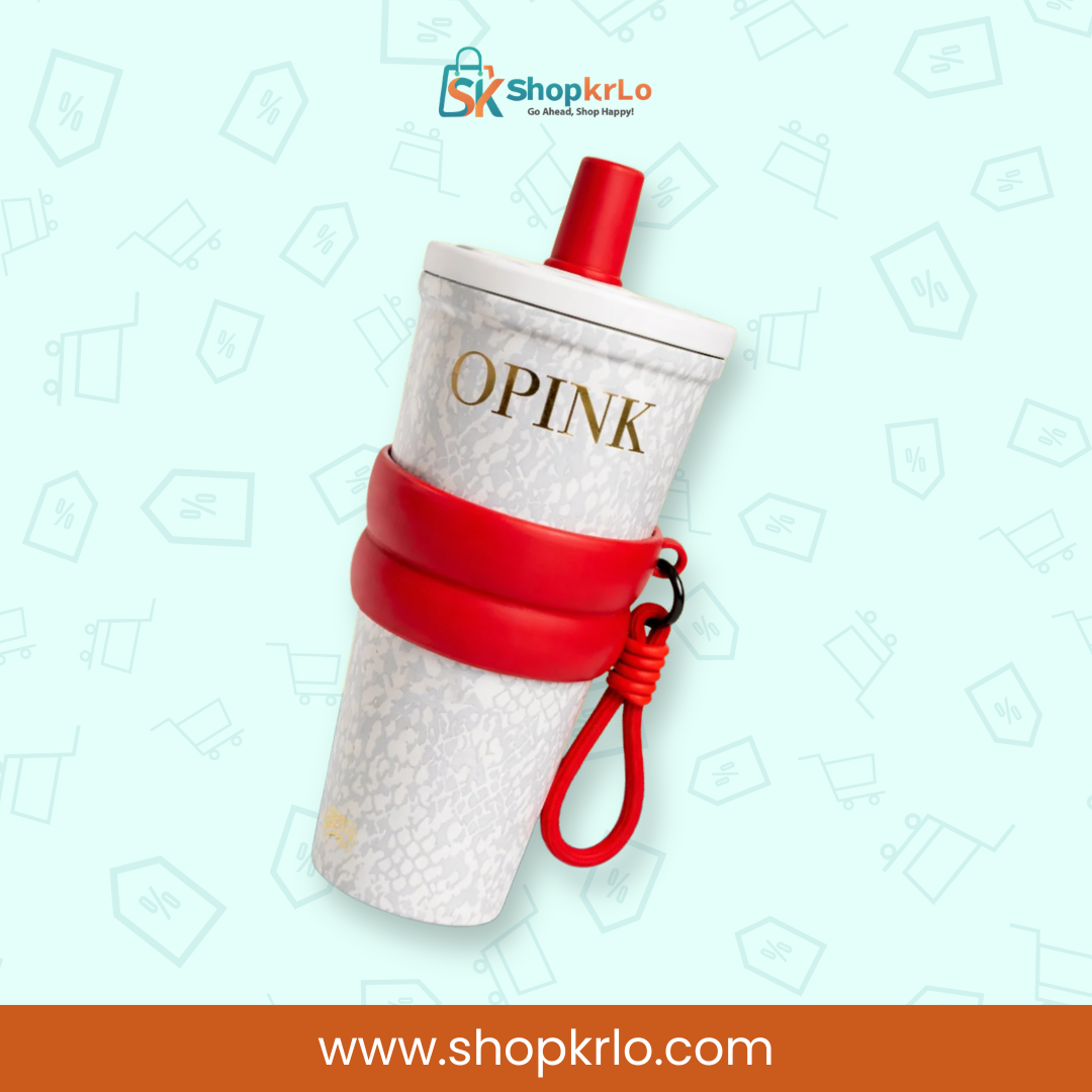 Angled view of OPINK tumbler showing its bold red anti-slip grip