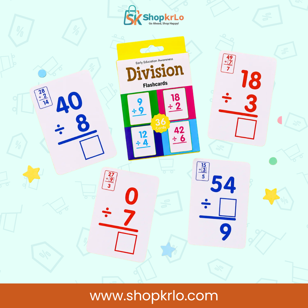 Thirty-six division flashcards arranged for home, school and tuition practice