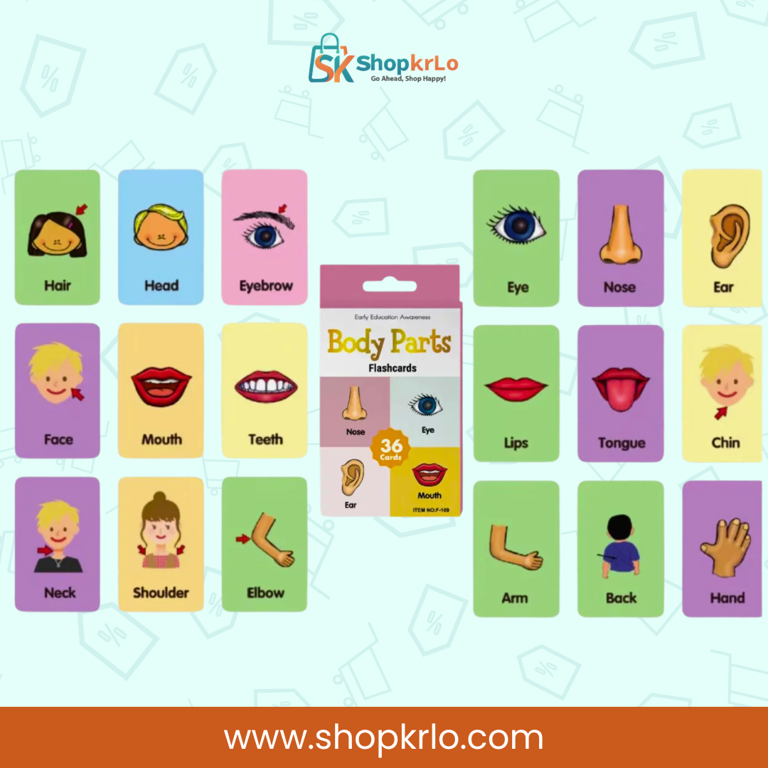 Colourful body parts learning cards arranged around the retail box