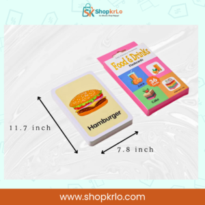 Food vocabulary learning card pack displayed with approximate product size measurements