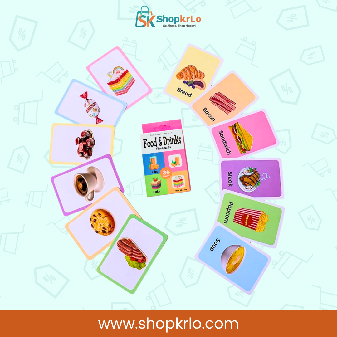 Preschool food and drink card set arranged for matching and sorting games
