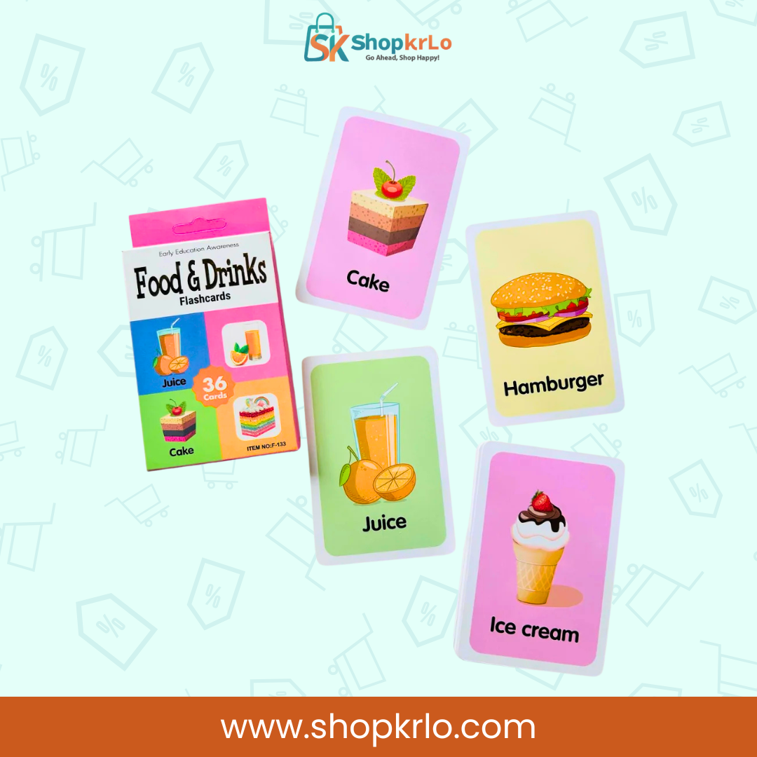 English learning cards showing juice, cake, hamburger and ice cream illustrations