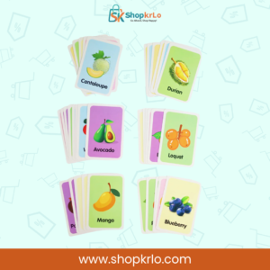 Colourful fruit flashcards showing cantaloupe, durian, avocado, loquat, mango and blueberry