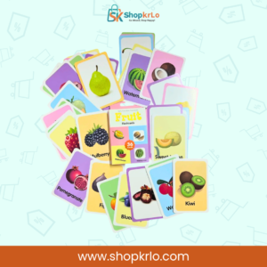 Fruit learning cards featuring pomegranate, mulberry, kiwi, watermelon and coconut illustrations
