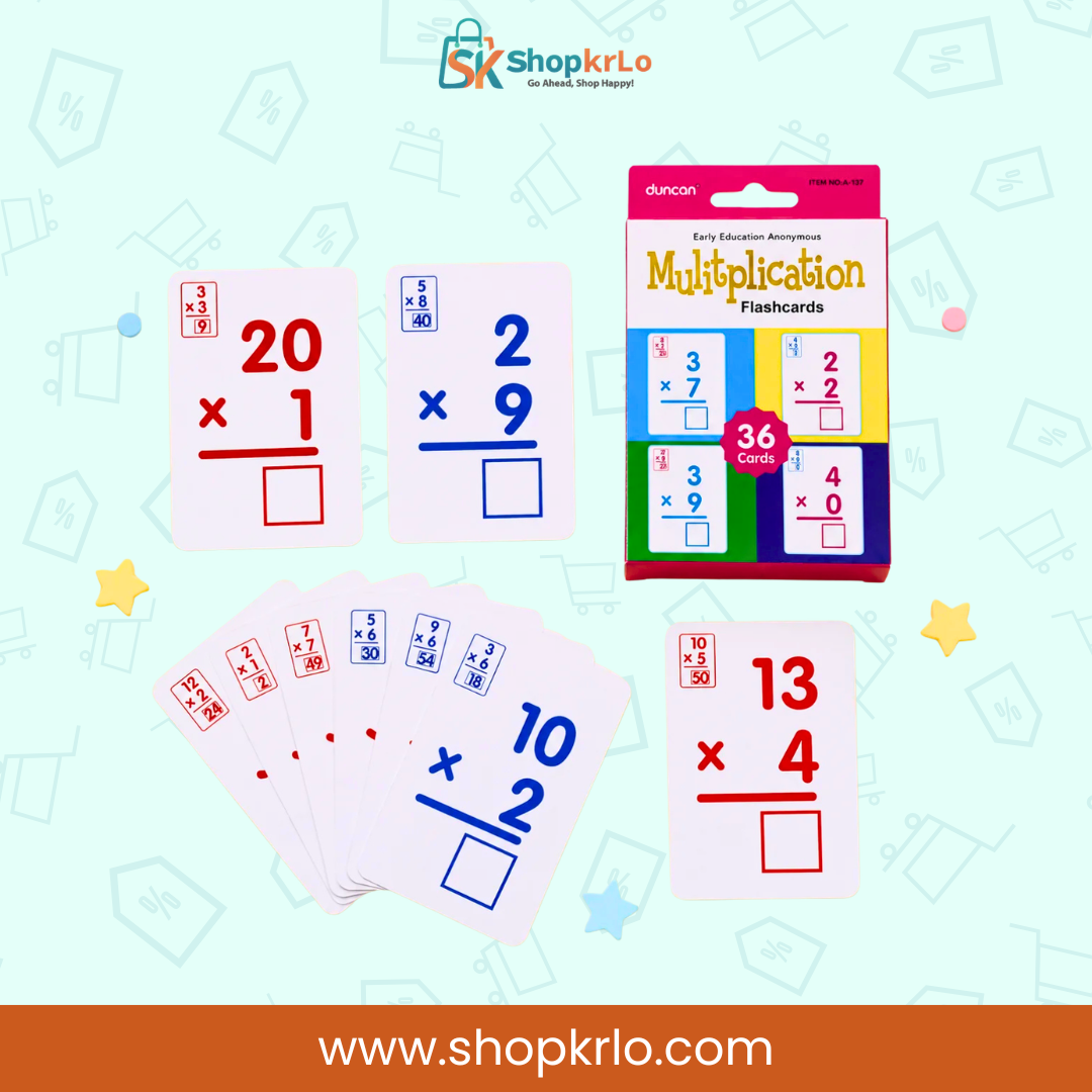 Red and blue multiplication cards showing vertical sums and blank answer boxes