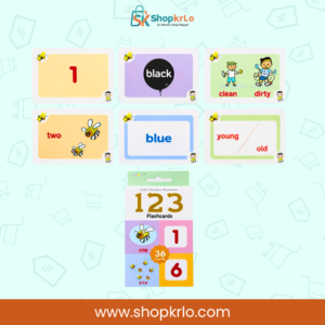 Colourful preschool flashcards showing numbers, colours, words and illustrated learning concepts