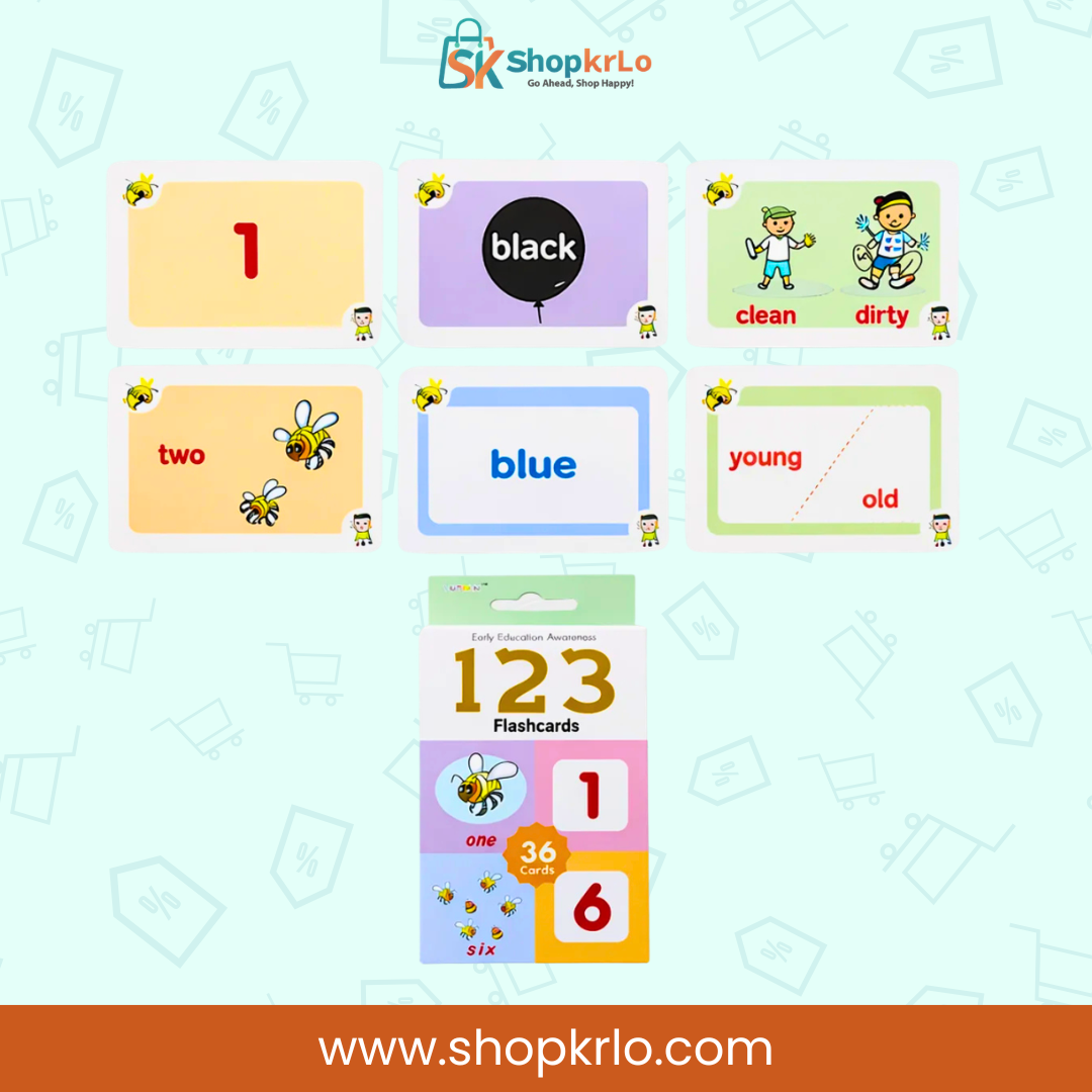 Colourful preschool flashcards showing numbers, colours, words and illustrated learning concepts