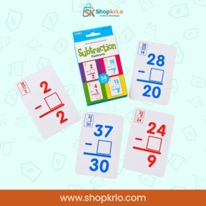 Open subtraction flashcard set showing bold red and blue maths questions