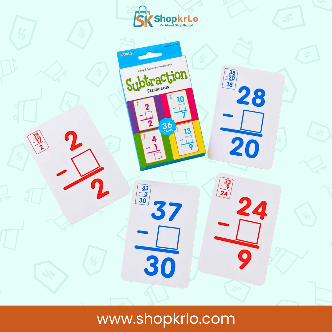 Open subtraction flashcard set showing bold red and blue maths questions