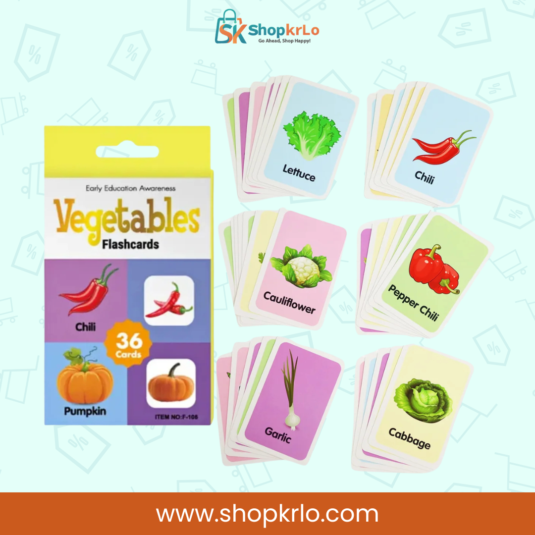 Front packaging of thirty-six vegetable flashcards with chilli and pumpkin illustrations