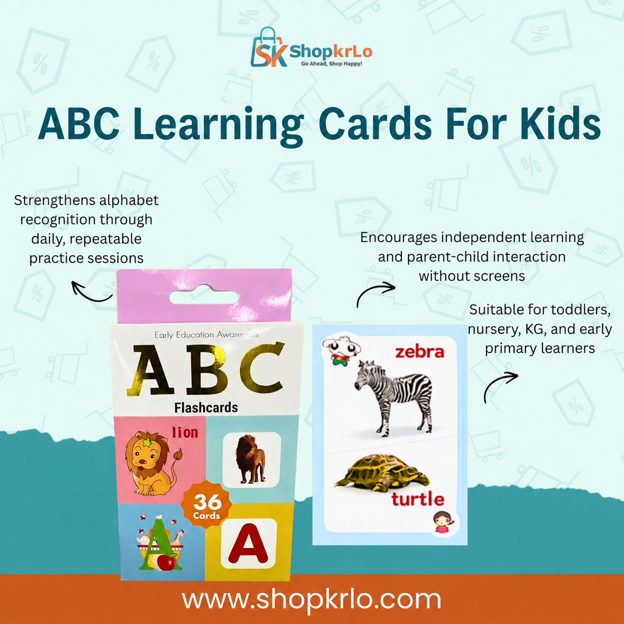 Front packaging of ABC Learning Cards For Kids with thirty-six educational flashcards