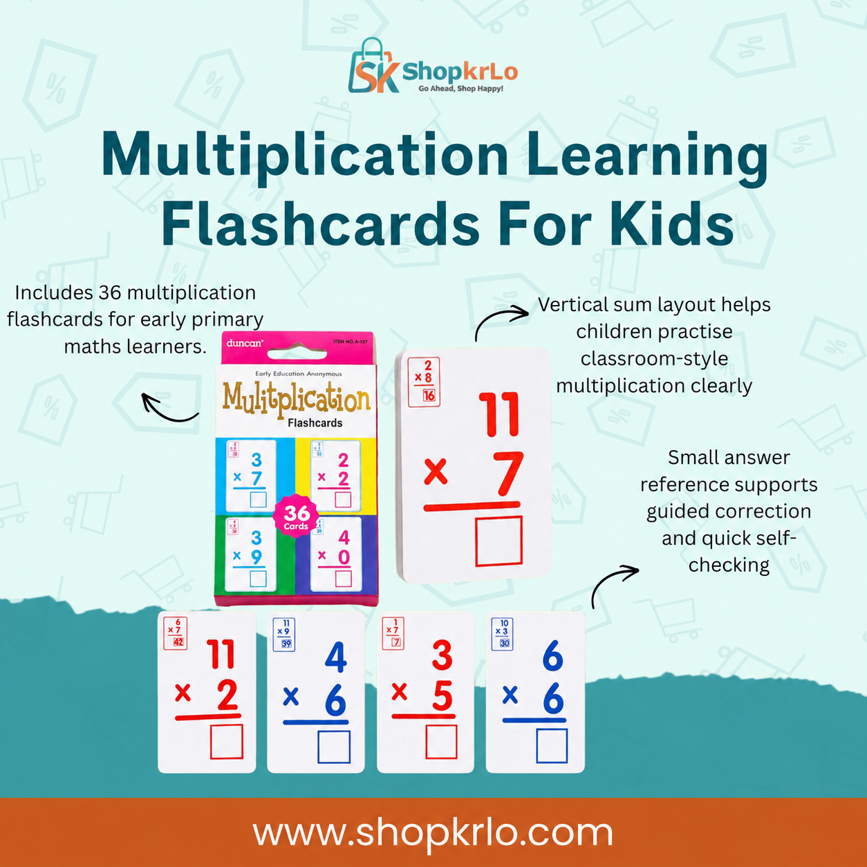 Front pack of Multiplication Learning Flashcards For Kids containing thirty-six maths cards