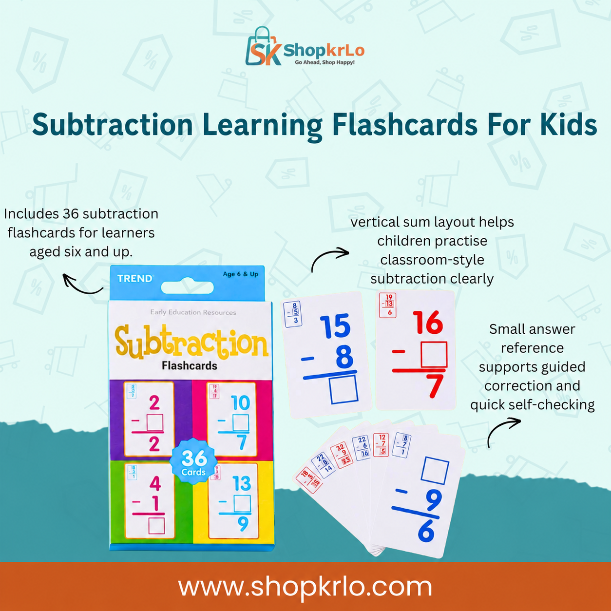 Colourful Subtraction Learning Flashcards For Kids pack containing thirty-six educational cards