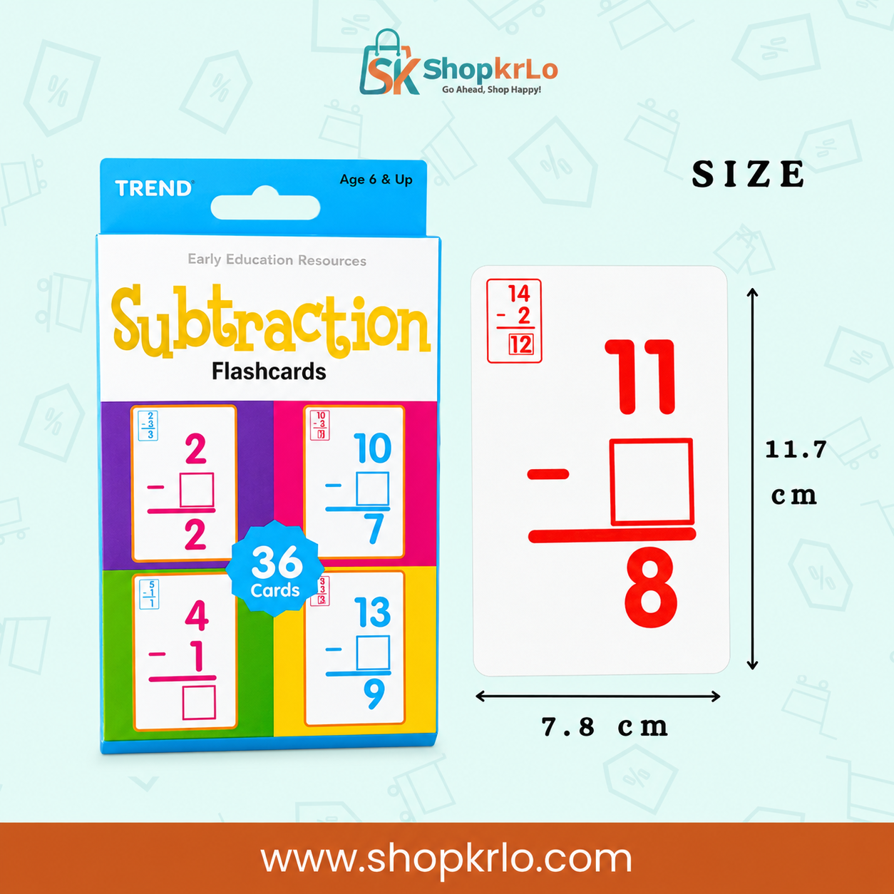 Subtraction learning card measuring approximately eleven point seven by seven point eight centimetres