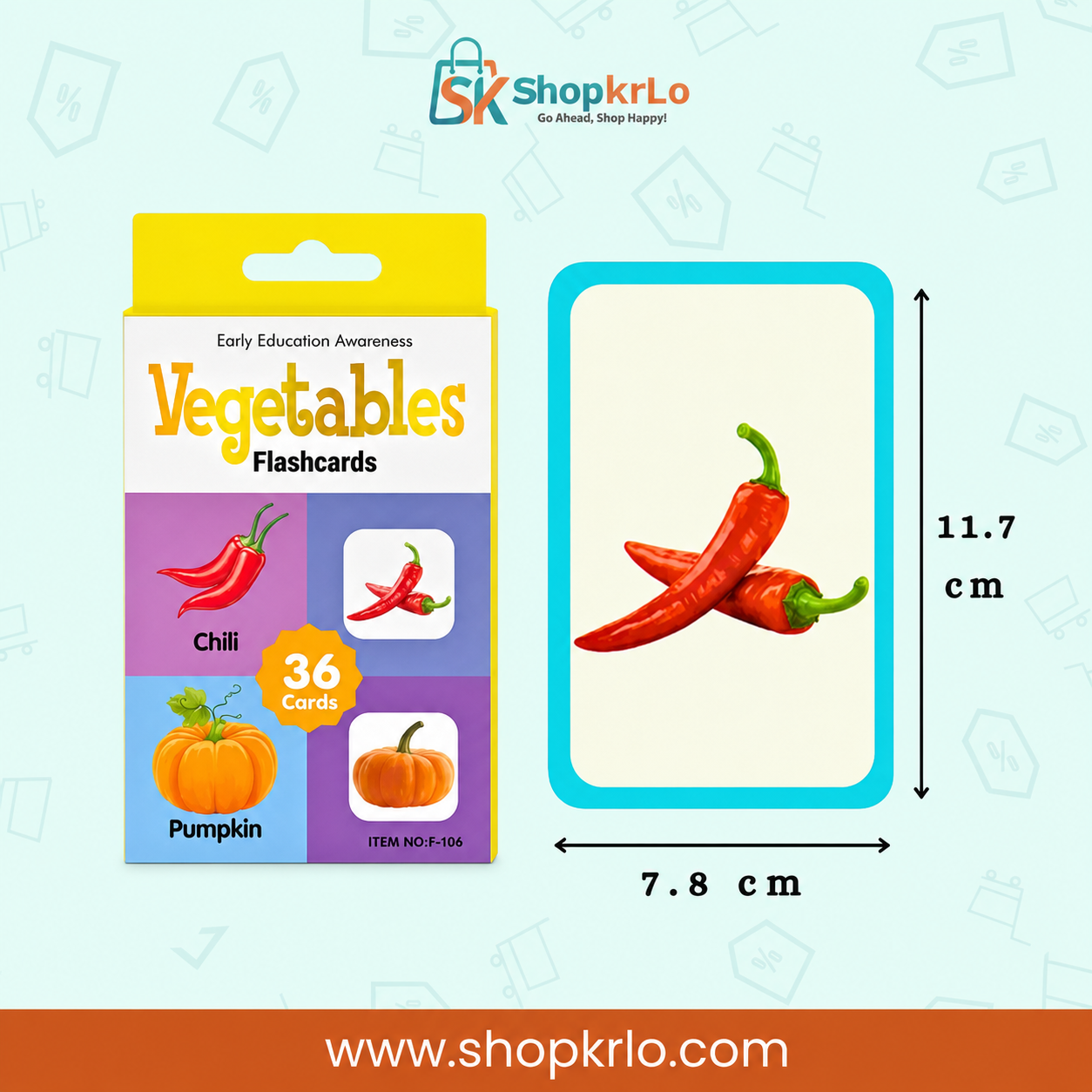 Chilli vocabulary flashcard showing child-friendly dimensions and bright illustrated vegetable artwork