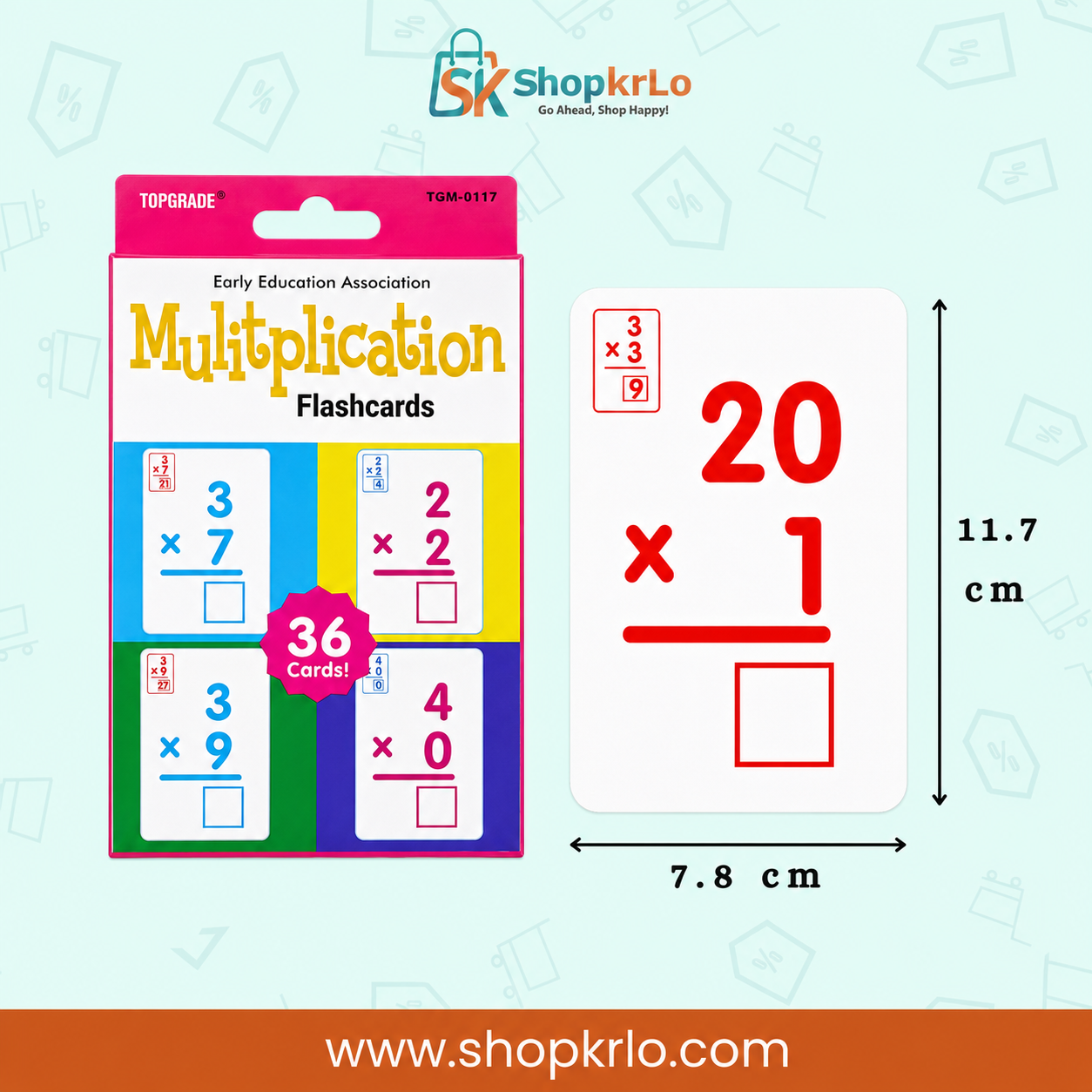 Multiplication flashcard measuring approximately 11.7 by 7.8 centimetres for children