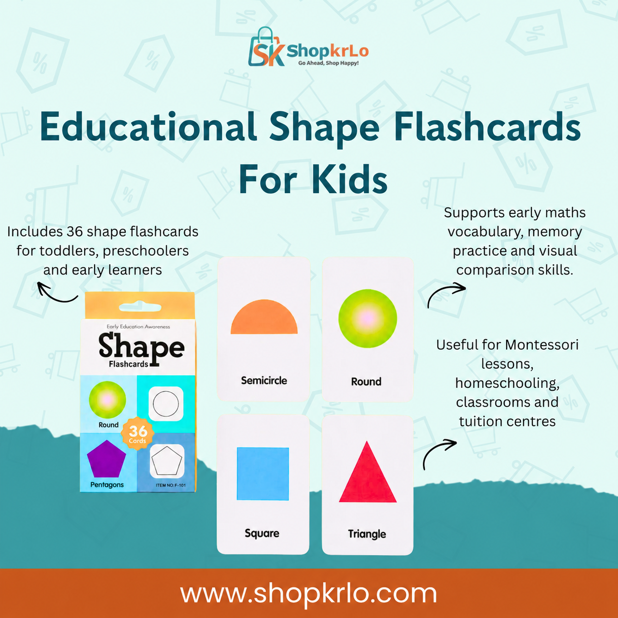 Educational Shape Flashcards for Kids box with colourful example learning cards