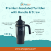 Premium insulated tumbler with handle and straw shown in black finish