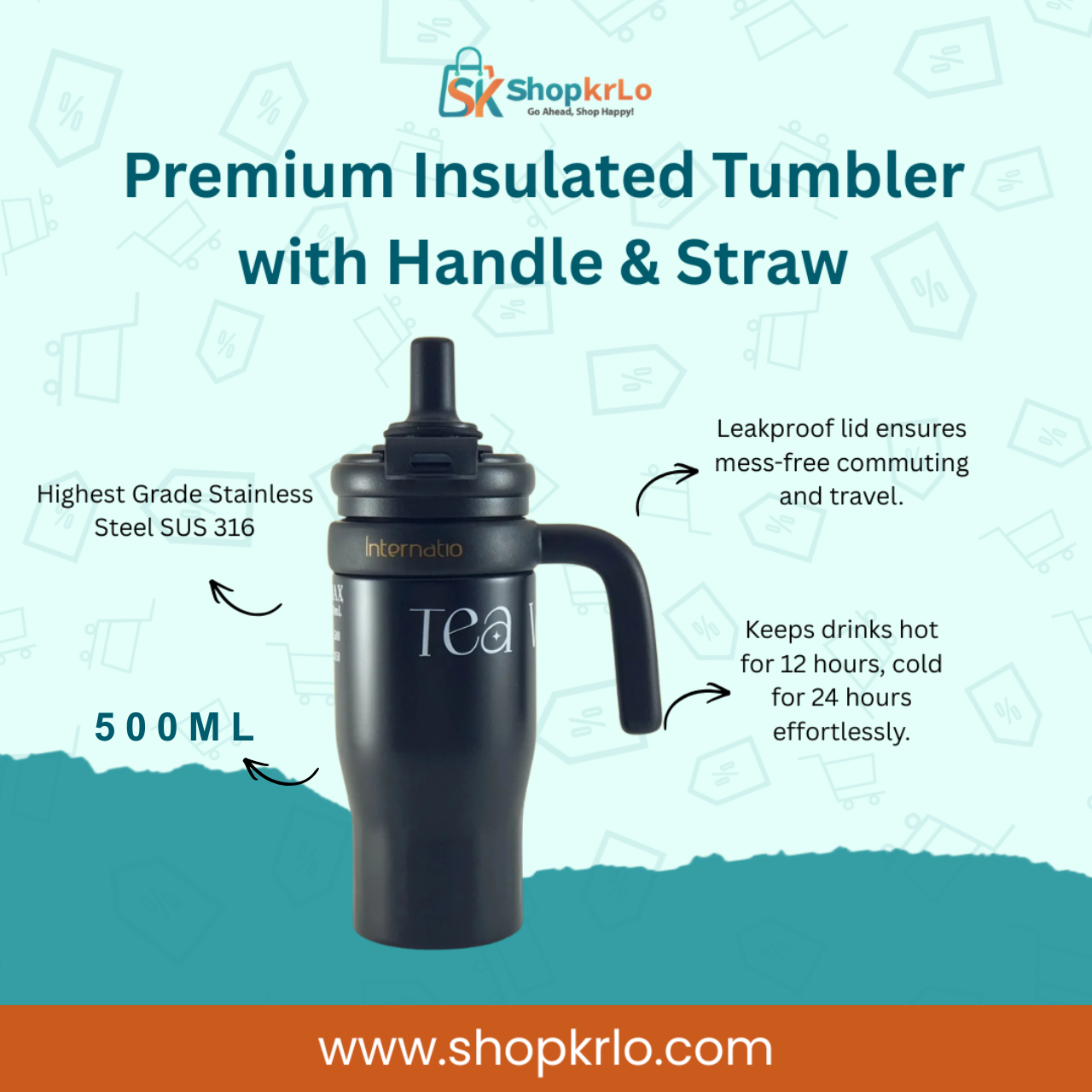 Premium insulated tumbler with handle and straw shown in black finish
