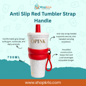 Front view of 700ml red tumbler with straw, grip and carry strap