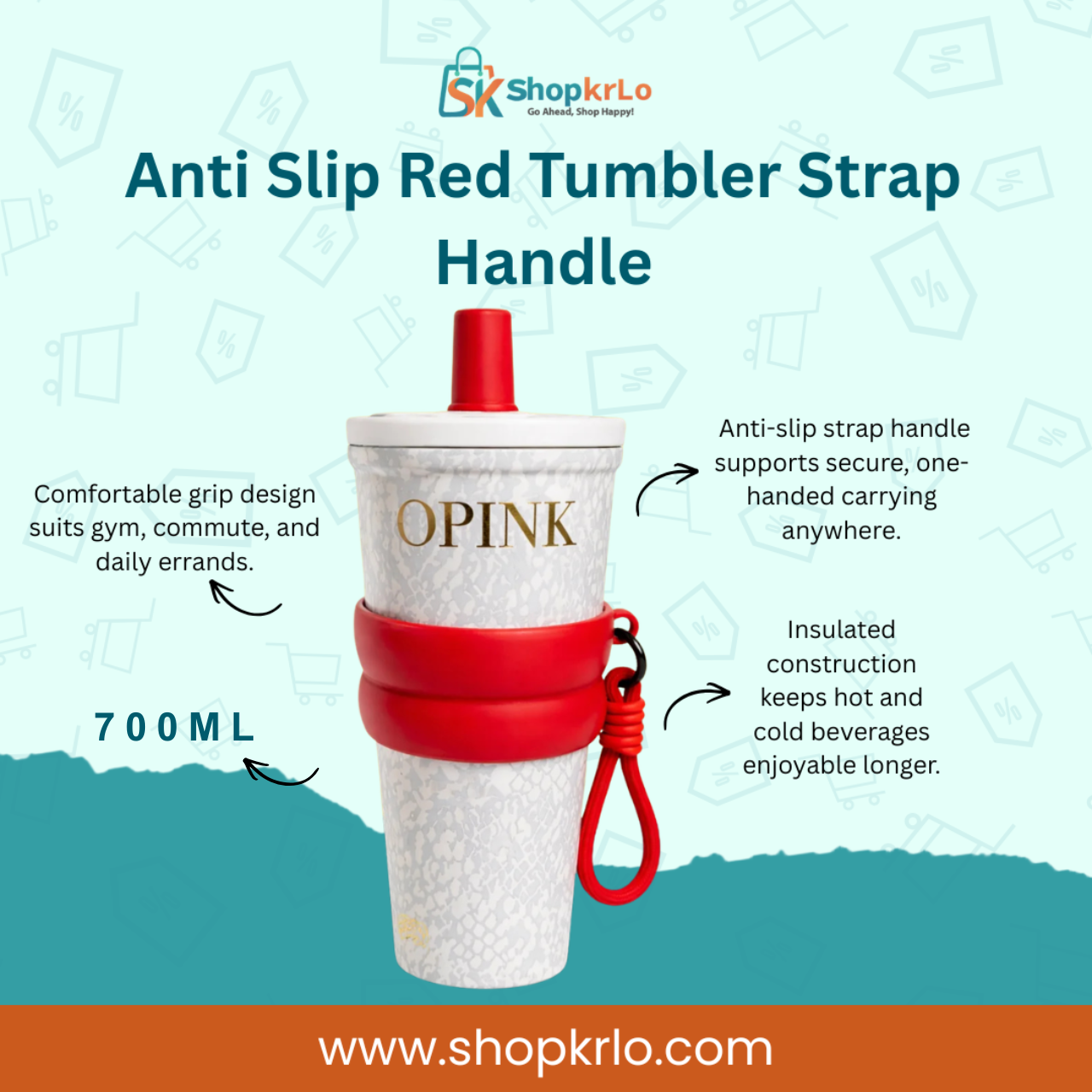 Front view of 700ml red tumbler with straw, grip and carry strap