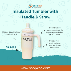 Front view of 500ml insulated tumbler with handle and reusable straw lid