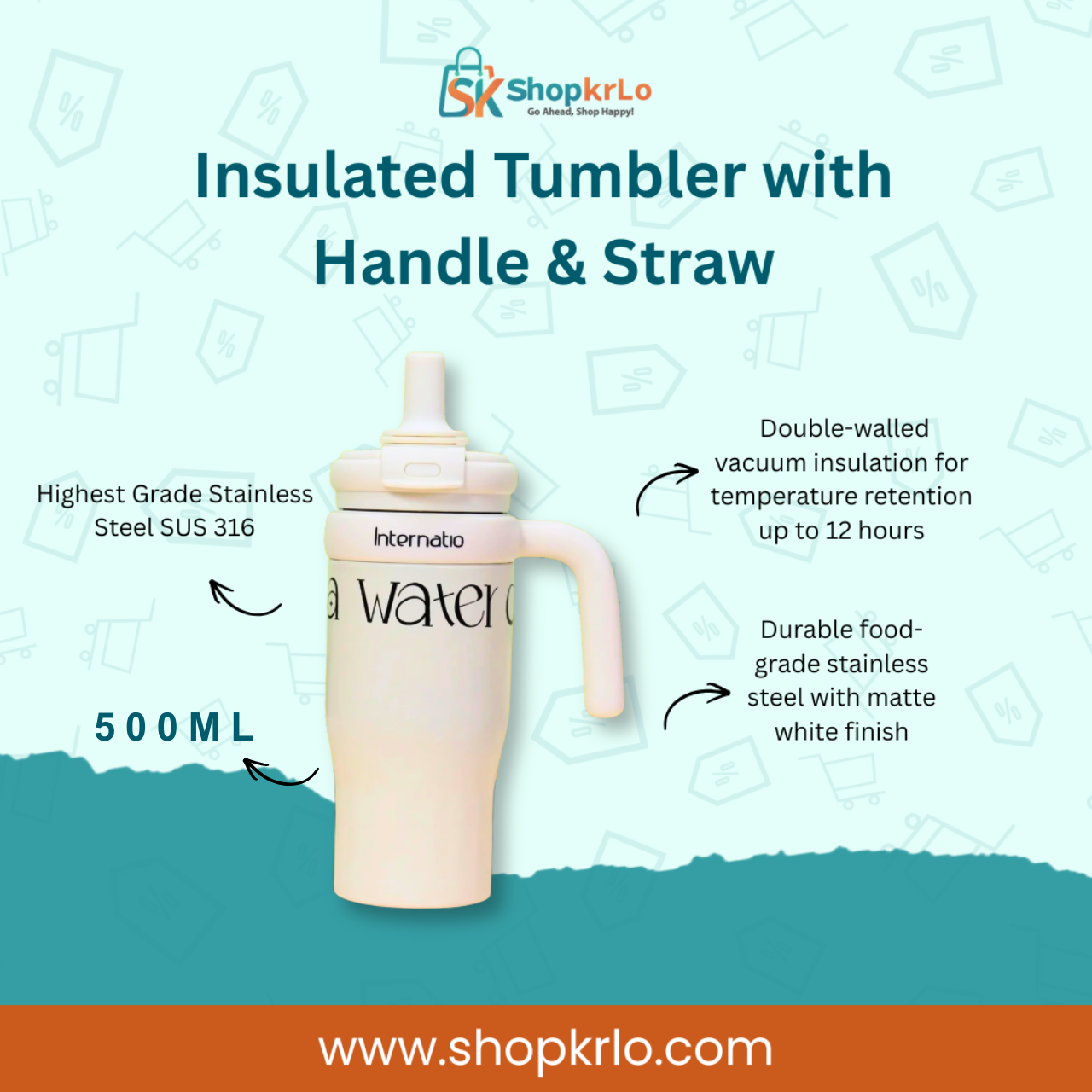 Front view of 500ml insulated tumbler with handle and reusable straw lid