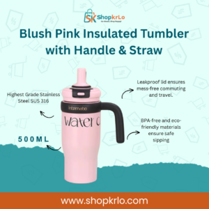 Blush pink insulated tumbler with black handle, straw lid and 500ml capacity