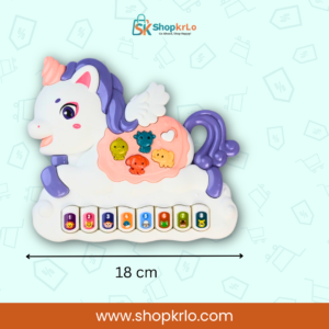 Eighteen centimetre Magical Unicorn Musical Piano Toy displayed with width measurement