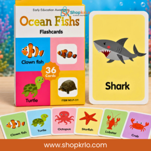 Preschool cards featuring clownfish, turtle, octopus, starfish, lobster and other creatures