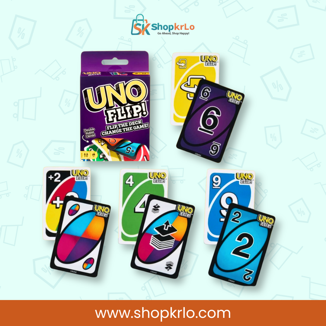 Purple UNO Flip Card Game packaging with 112 playing cards inside