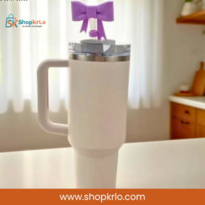 Flexible lavender silicone bow topper with loop attachment for compatible drinking straws
