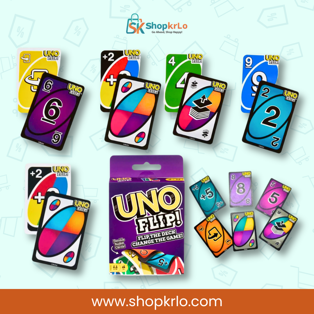 UNO Flip cards arranged for children and adults during family game night