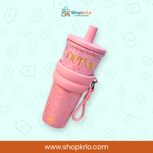 Side view of pink travel tumbler showing flexible strap handle