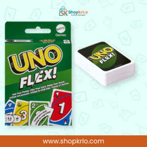 Complete UNO Flex card deck displayed beside original green retail packaging