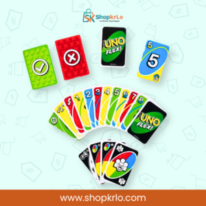 Green and red UNO Flex power cards with colourful numbered cards