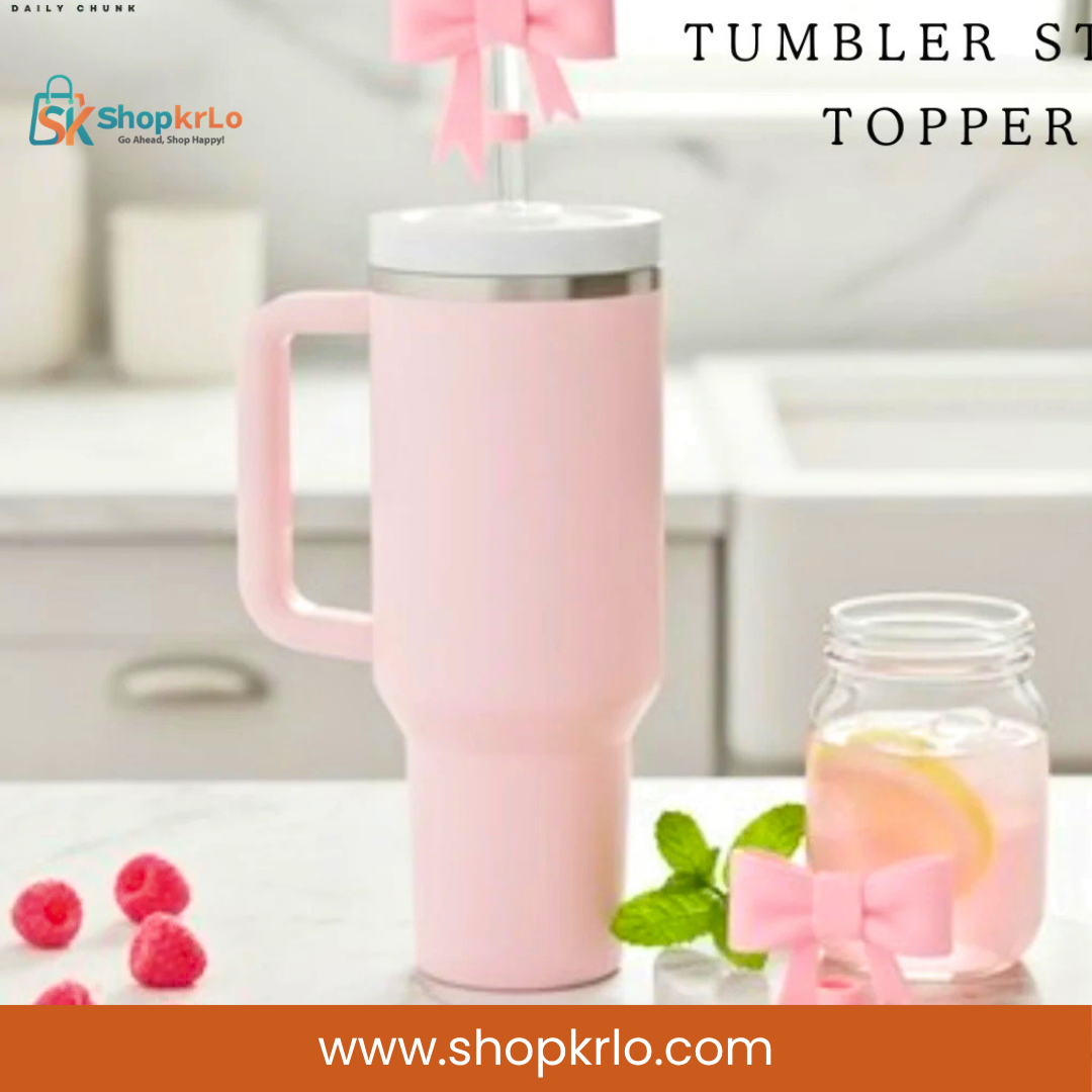 Pink bow straw accessory fitted on pastel tumbler for stylish everyday drinks