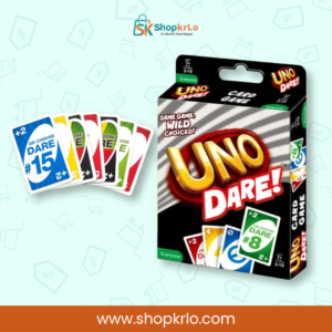 Colourful UNO Dare playing cards arranged beside the original game box