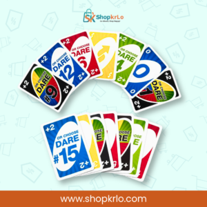 Close view of numbered UNO Dare challenge cards in multiple colours