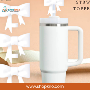 White Bow Straw Topper fitted neatly on a matching reusable travel tumbler