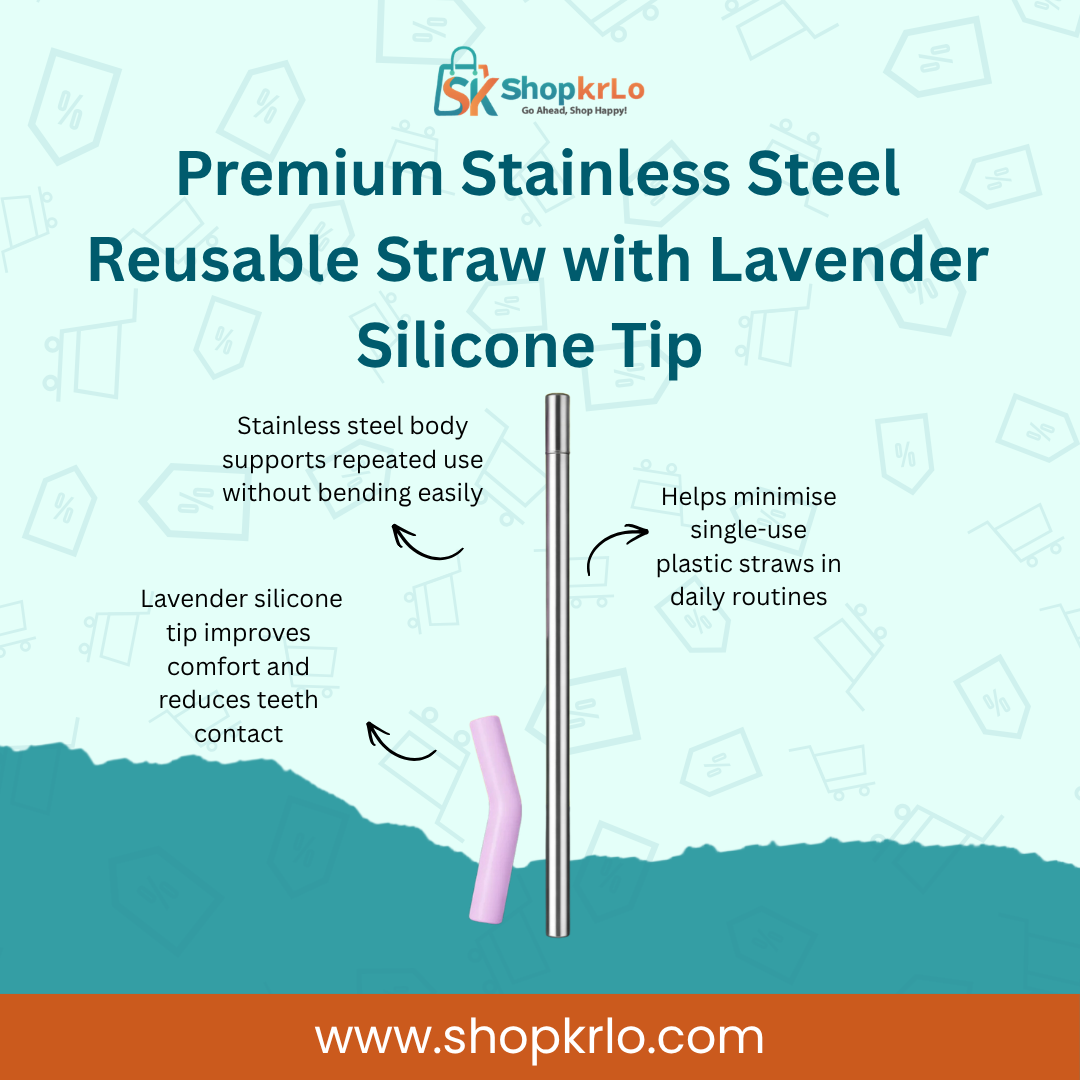 Stainless Steel Reusable Straw featuring soft lavender silicone tip for comfortable everyday sipping