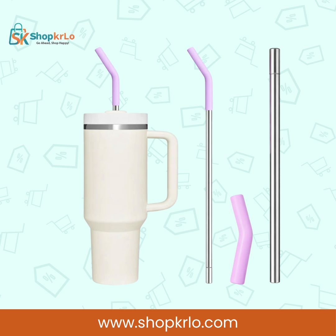 Long reusable stainless steel straw shown with tall tumbler and lavender silicone mouthpiece
