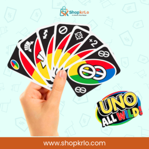 Hand holding UNO All Wild Reverse, Skip and Draw action cards