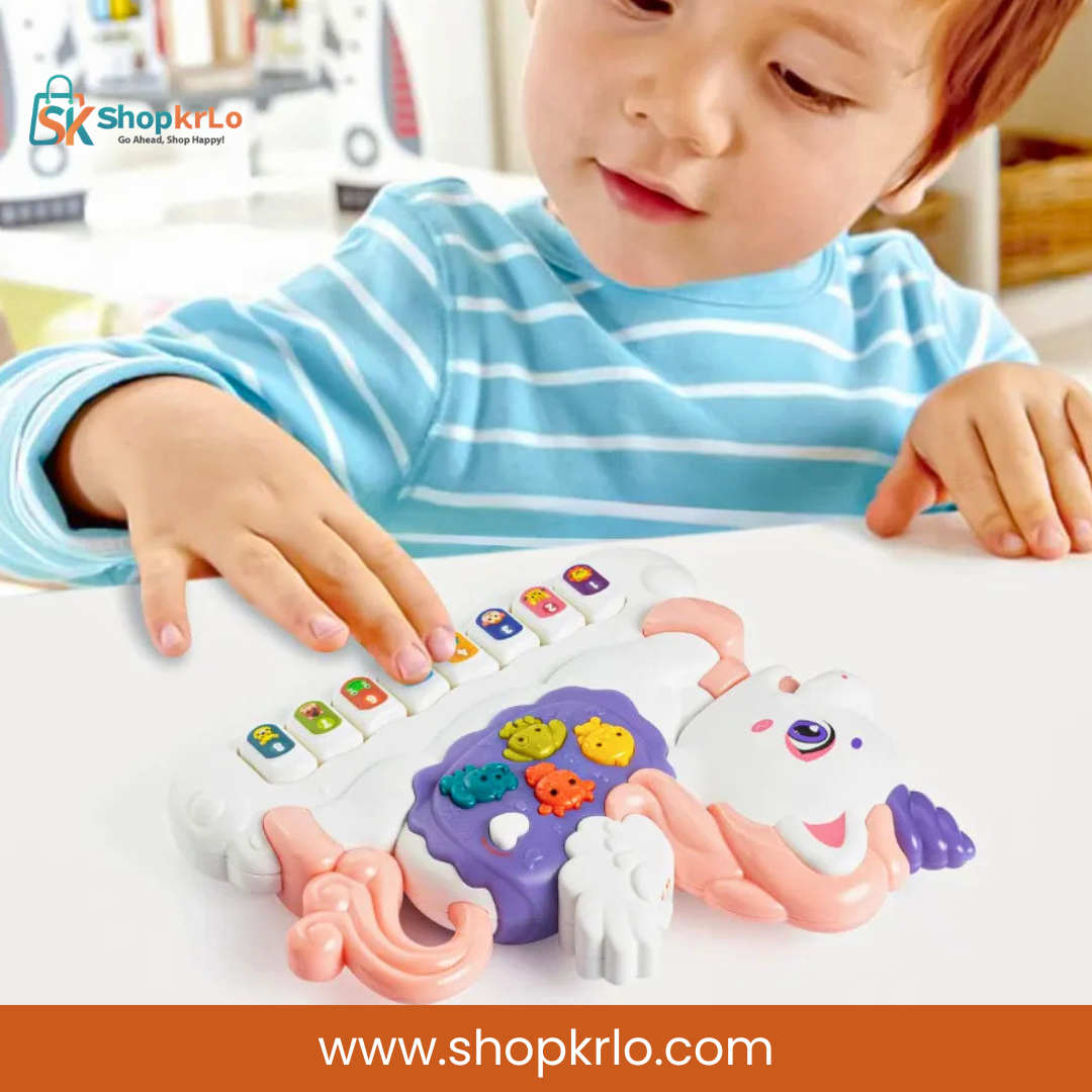 Child enjoying Happy Unicorn Musical Activity Toy during supervised indoor play