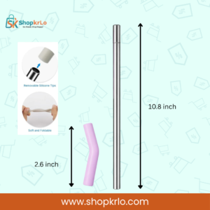 Stainless steel reusable drinking straw showing 10.8-inch length and 2.6-inch silicone tip
