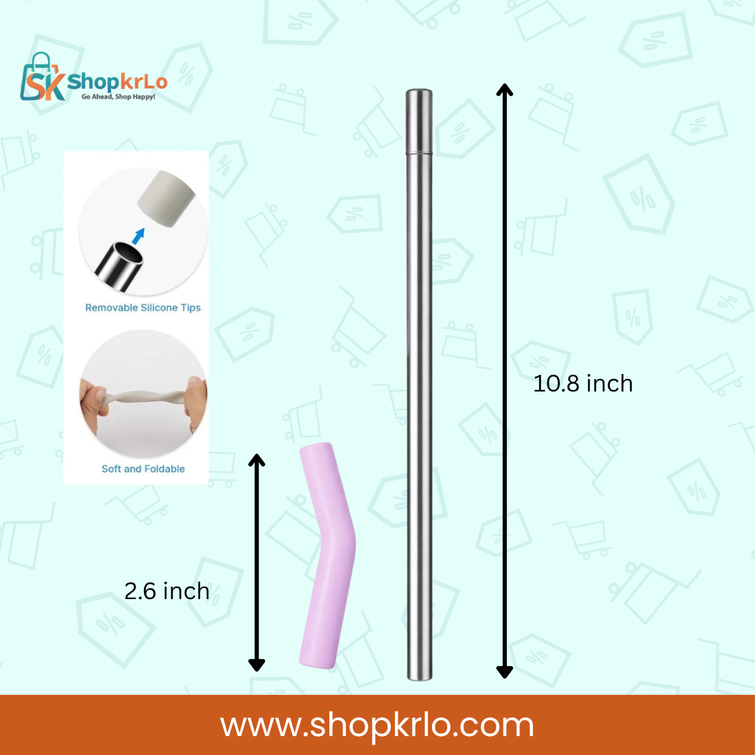 Stainless steel reusable drinking straw showing 10.8-inch length and 2.6-inch silicone tip