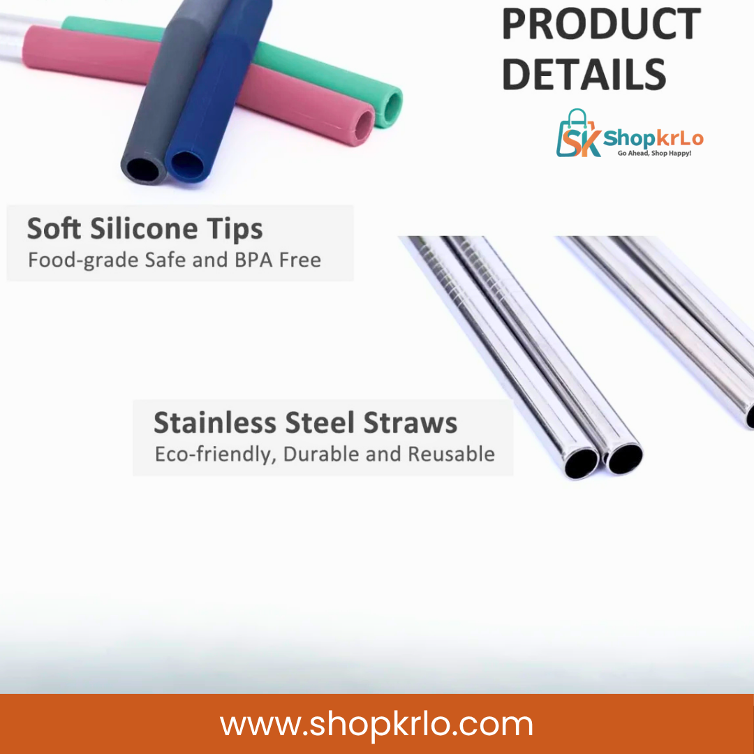 Durable stainless steel drinking straws with food-grade BPA-free soft silicone mouthpiece tips