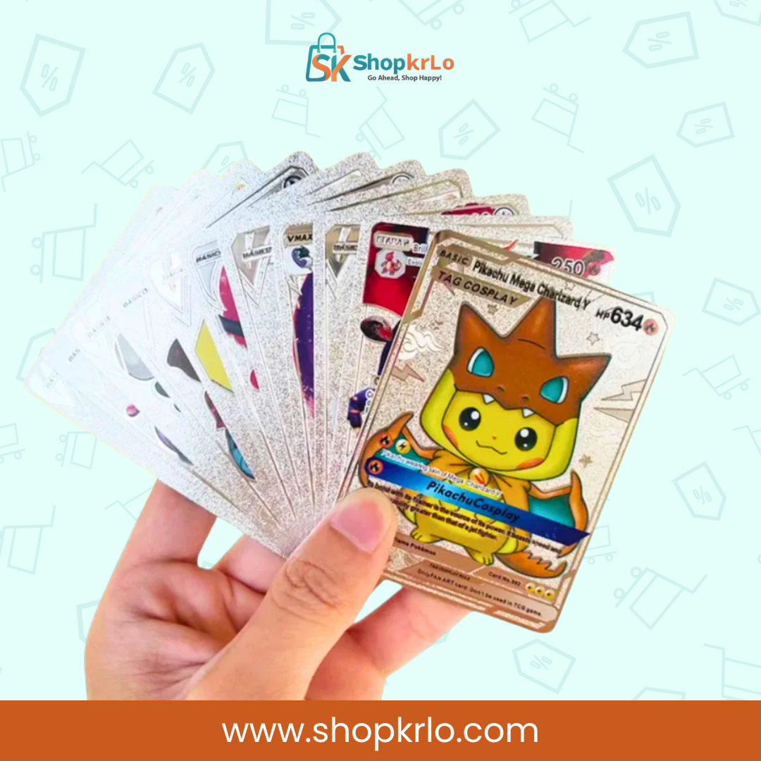 Silver laminated Pokémon collector cards held together in a wide fan